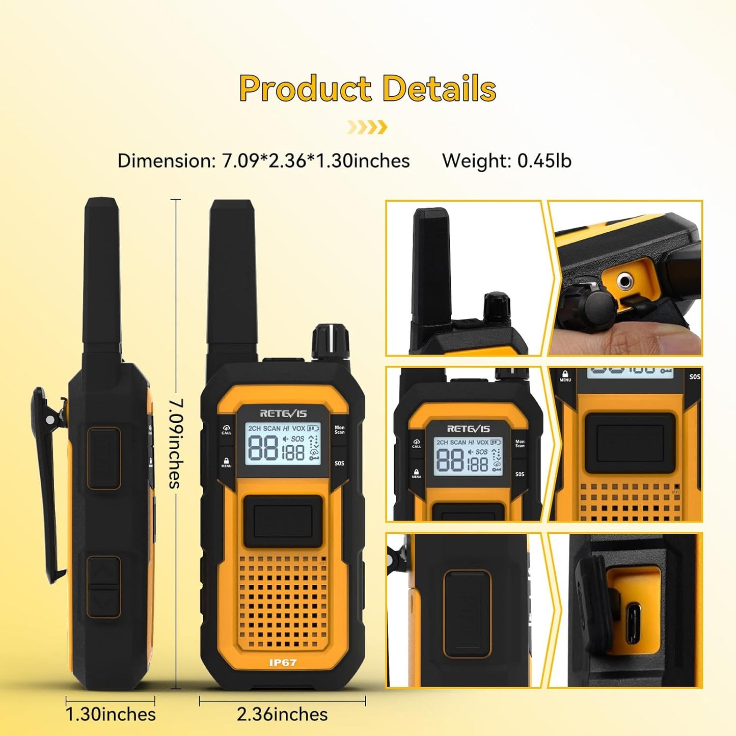 Retevis RB48 Walkie Talkies for Adults, Heavy Duty 2 Way Radios Long Range with Six-Way Charger, IP67 Waterproof, Shock Resistant, Dual PTT, 2000mAh Battery Two Way Radio,Jobsite Construction(6 Pack)
