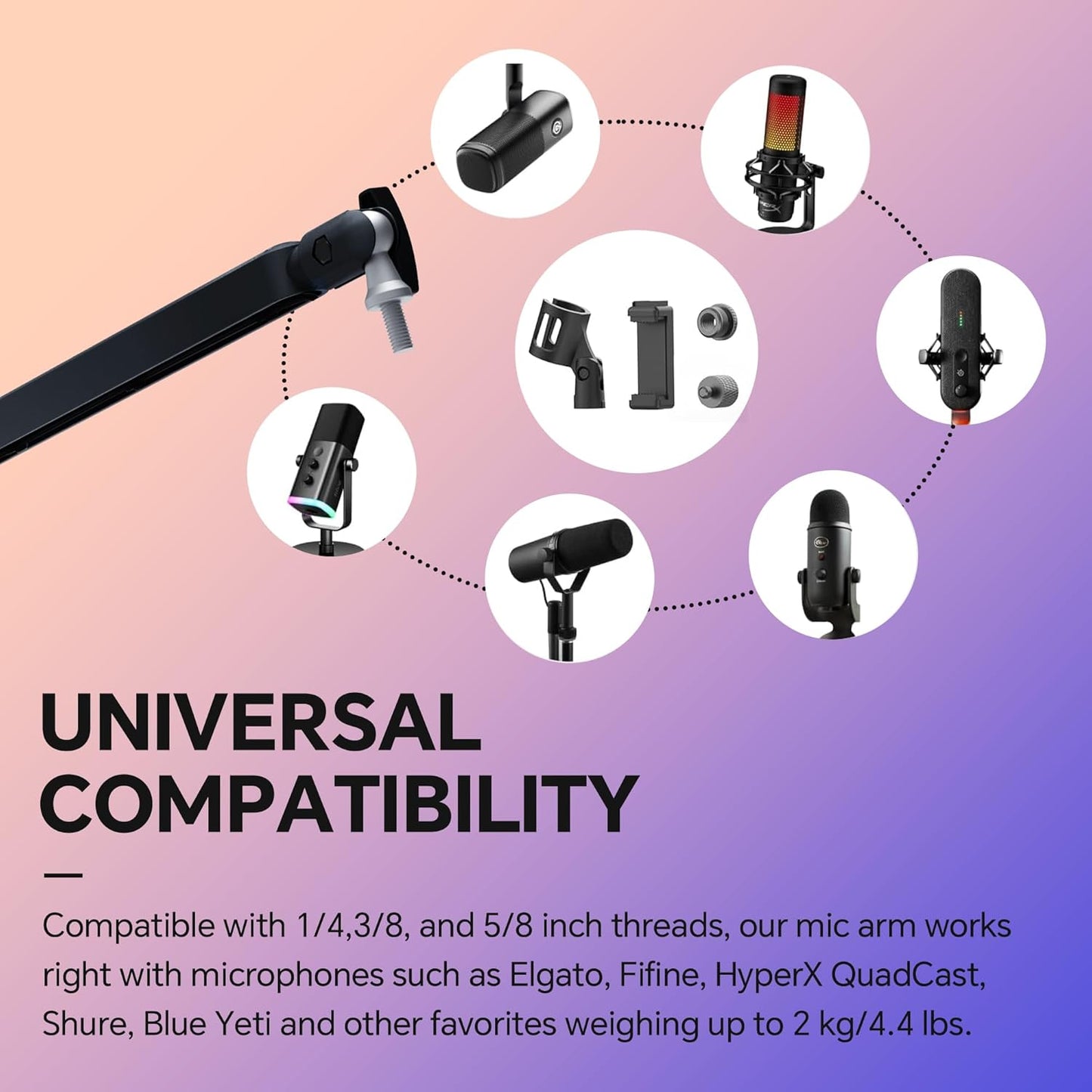 Microphone Boom Arm, Low Profile Mic Arm Professional Adjustable Solid Desk Mount Clamp,Cable Management Microphone Arm Stand for Podcast Streaming Gaming Studio Mic Stand White