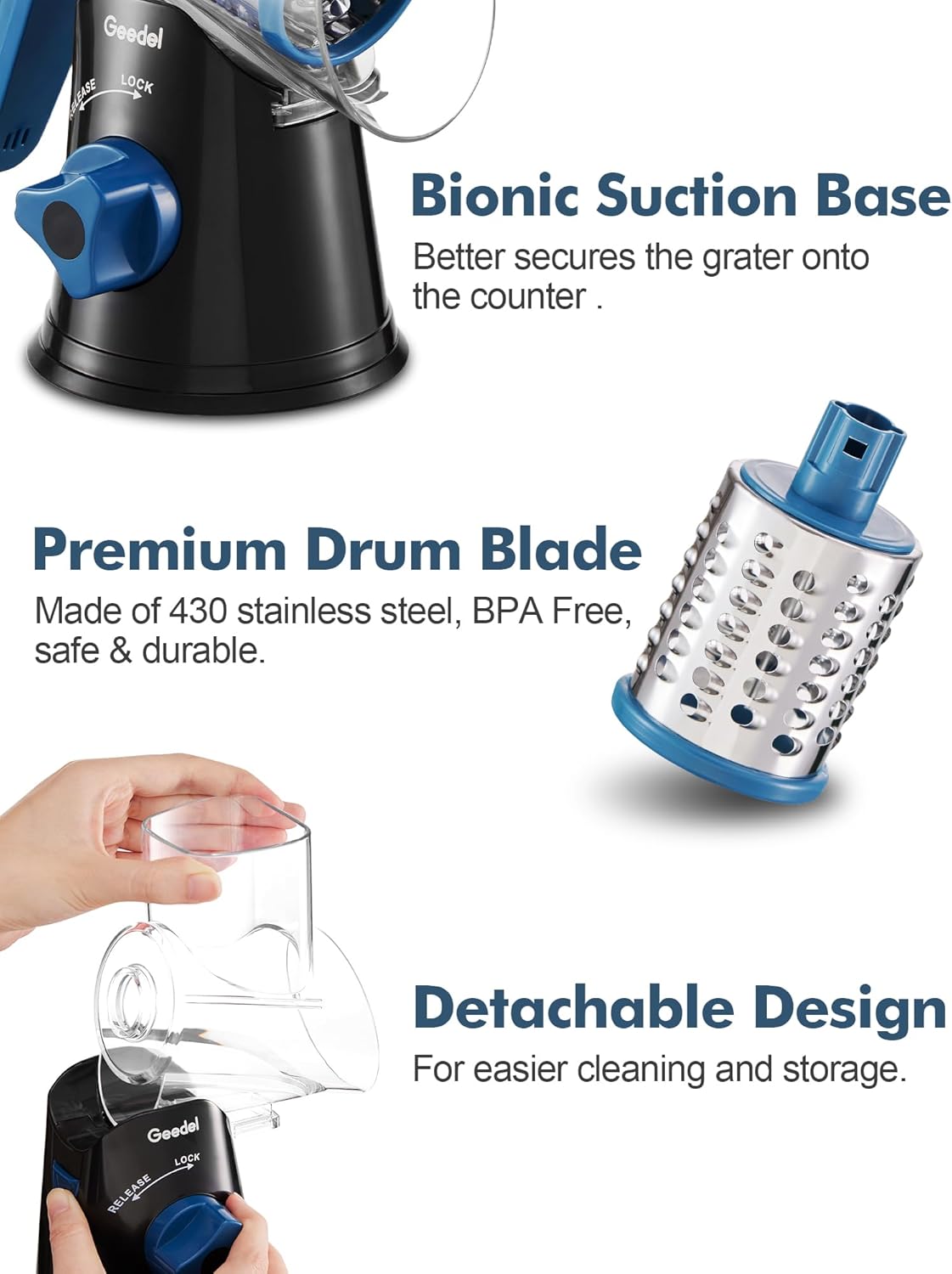 Geedel Kitchen Cheese Grater, Rotary Mandoline Vegetable Slicer with Interchangeable Blades, Easy to Use Rotary Grater Slicer for Fruit, Vegetables, Nuts