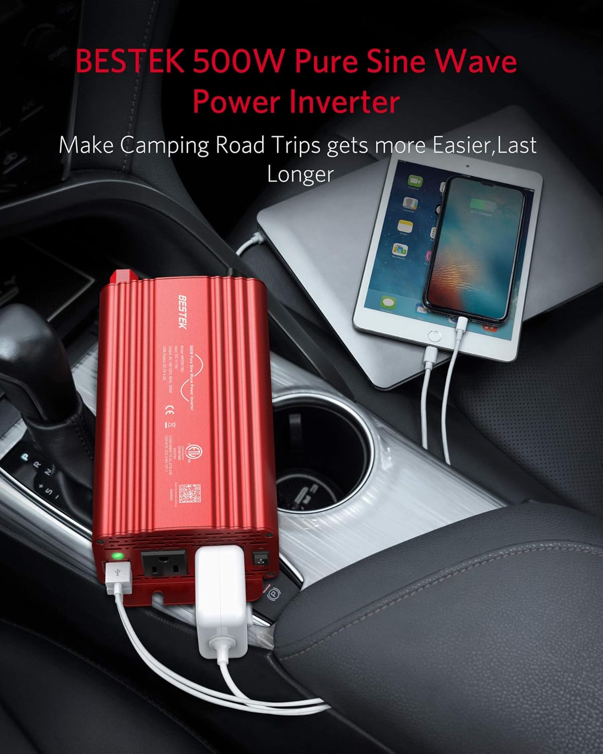 BESTEK 500W Pure Sine Wave Power Inverter DC 12V to AC(2 Outlets) 110V Car Charger Plug Inverter Adapter Converter with 4.2A Dual USB Charging Ports, ETL Listed