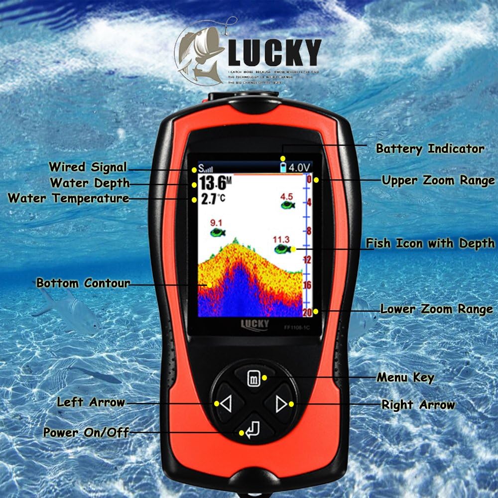LUCKY Portable Fish Finder Wired Sonar Sensor Transducer 328 Feet Water Depth Finder LCD Screen for Kayak Fishing Ice Fishing Sea Fishing
