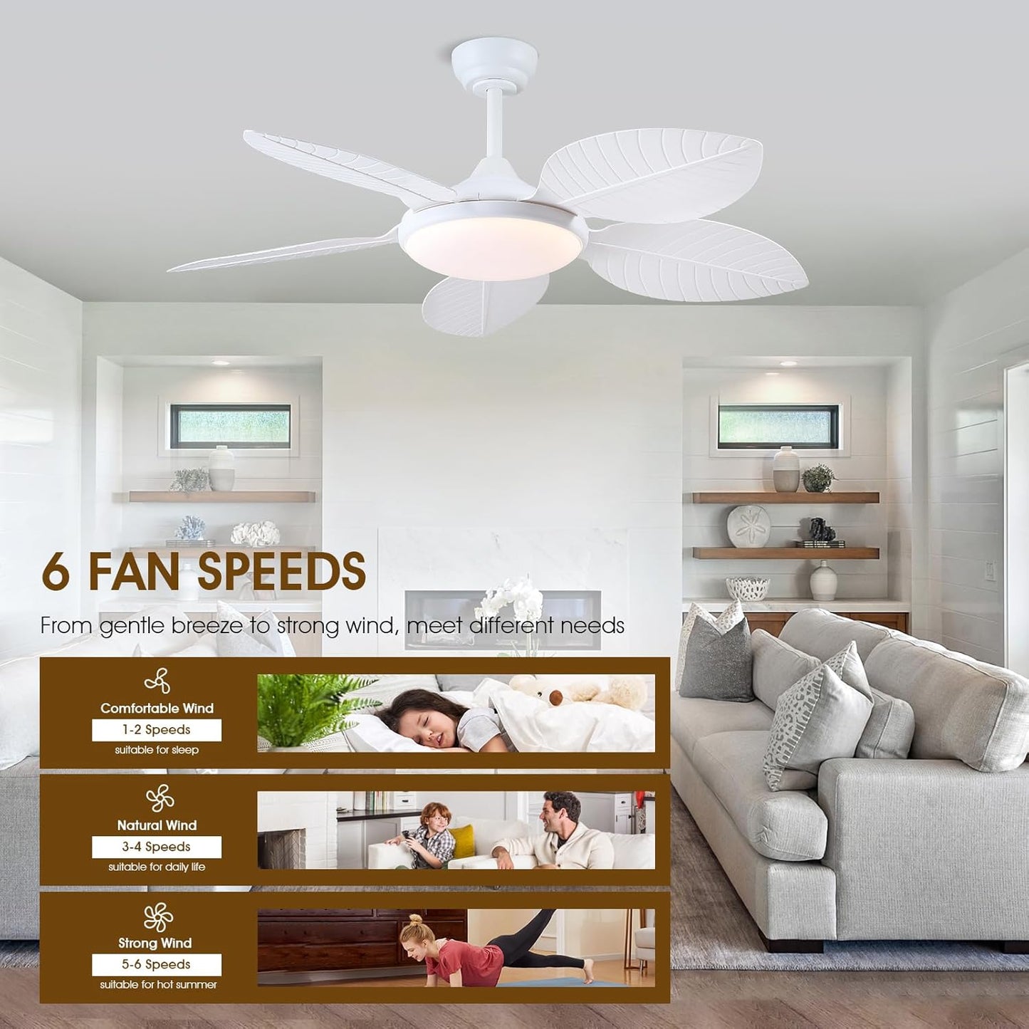 Wiviniya Ceiling Fans with Lights and Remote/APP Control, 44 Inch Tropical Palm Leaf Ceiling Fan with LED Lights, Outdoor Ceiling Fans for Patios Porch, Reversible Quiet Motor, Dimmable, Light Brown