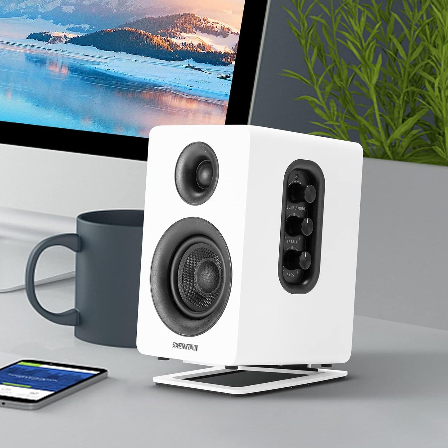 Sanyun SW208 3" Active Bluetooth 5.0 Bookshelf Speakers – 60W Carbon Fiber Speaker Unit - Built-in 24bit DAC - Dynamic 3D Surround Sound – 2.0 Computer PC Monitor Gaming Speakers (Pair, White)