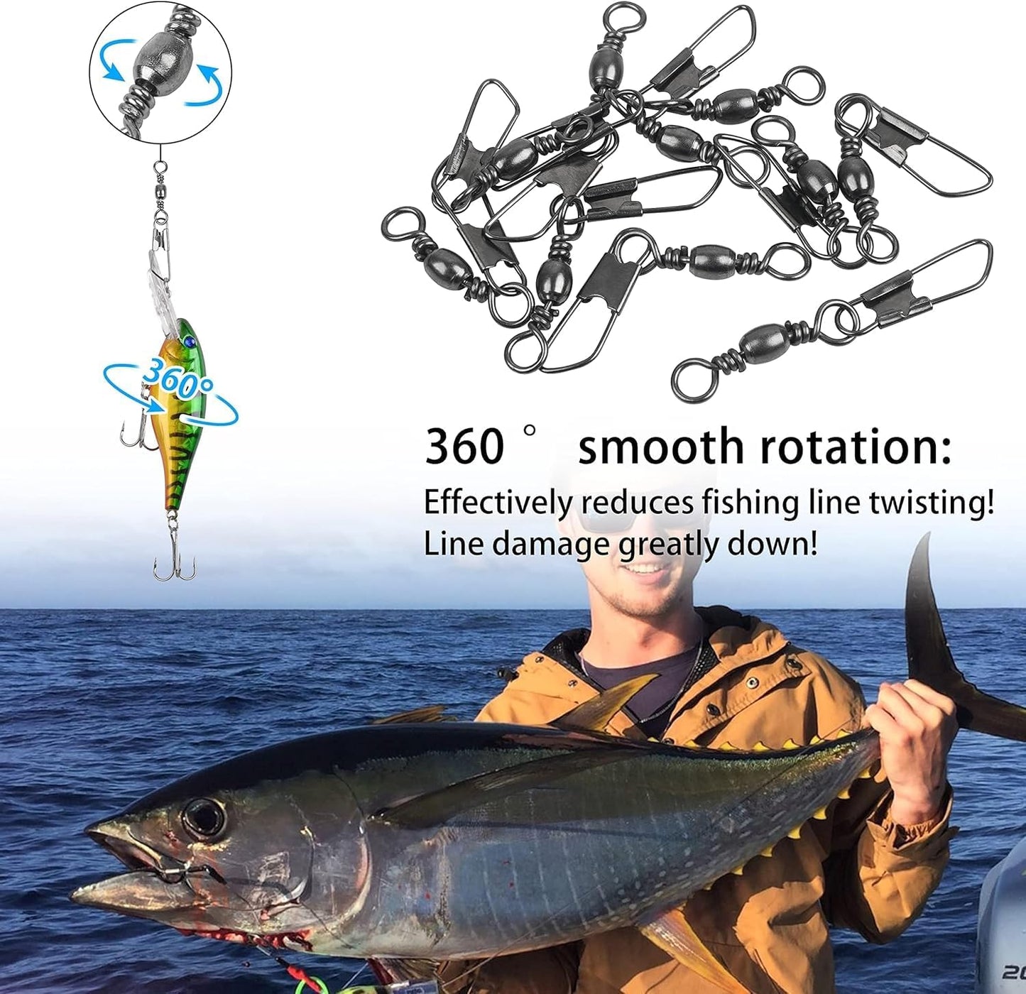 Fishing Swivel Snaps Kit Solid Barrel Swivel, 200Pcs Fishing Swivels Fishing Trout Fishing Swivels Carabiner Fishing Swivels,2# 4# 6# 8# 10#Fish Fishing Barrel Swivel with Safety Snap Interlock Snap