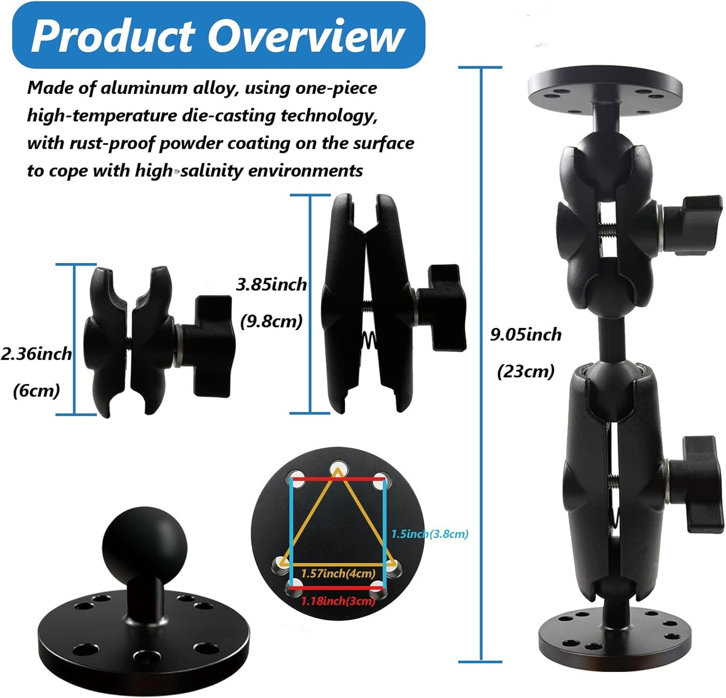 Fish Finder Mount, Aluminum Arm Extension, T-Bolt Attachment for Track Systems, B Size Ball Mount Compatible with RAM, Double AMPS Round Plate for GPS/Boats/Industry