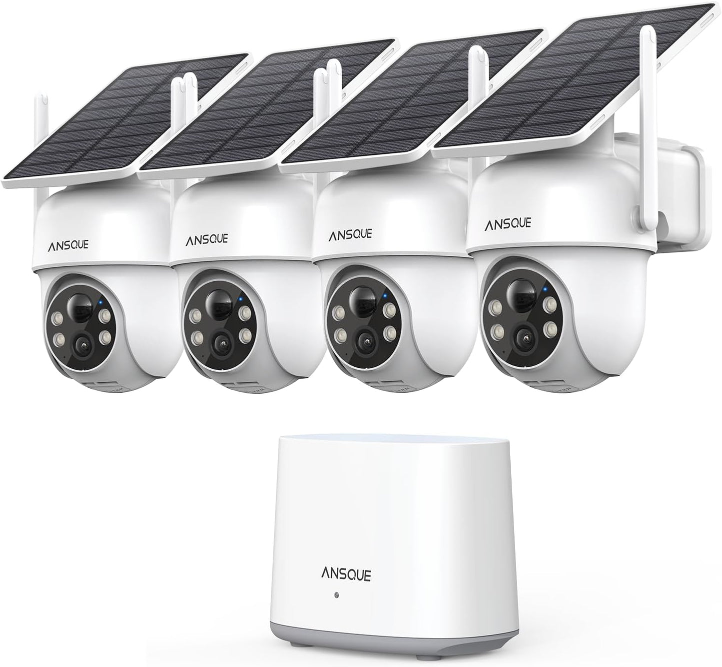 ANSQUE Solar Security Cameras Wireless Outdoor, 4-Cam Kit, No Monthly Fee, 2K Color Night Vision with Solar Panel, Local Storage, 360° View, Auto Tracking