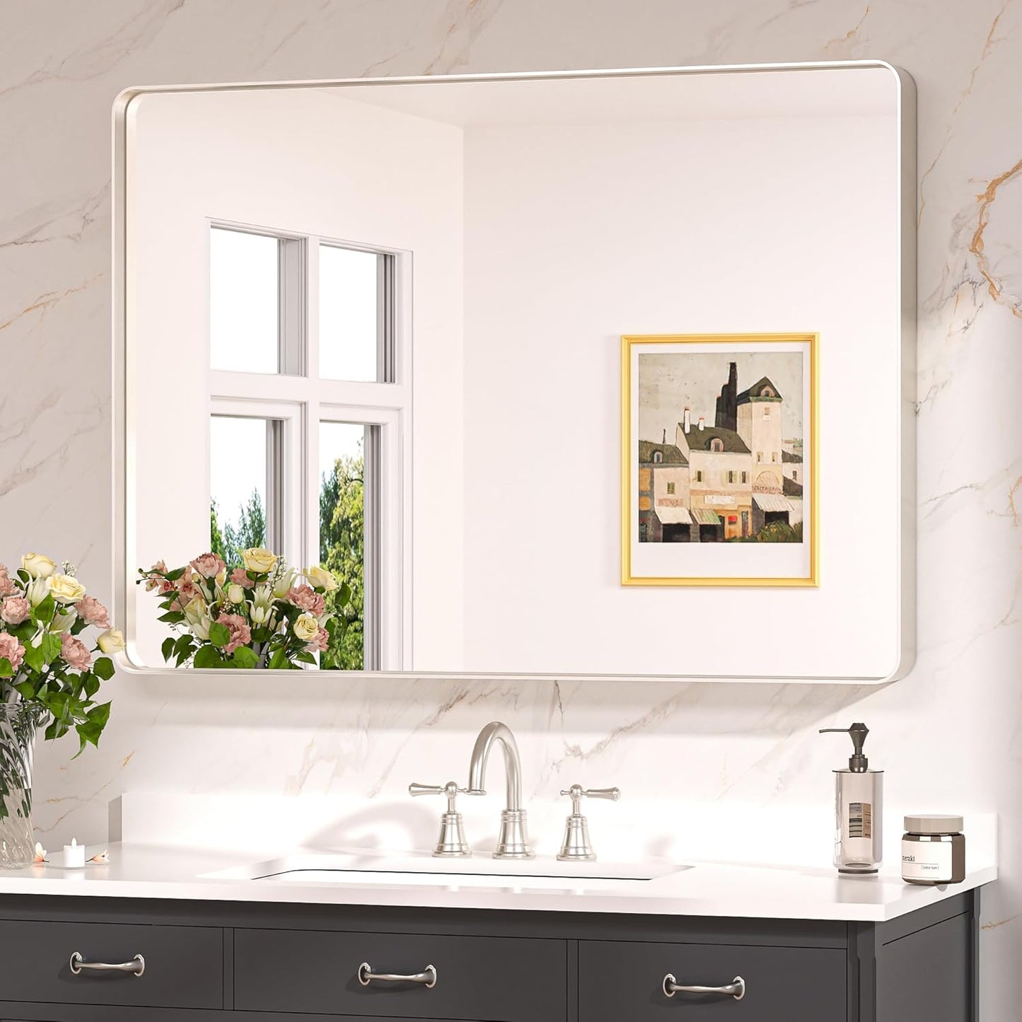 Keonjinn 42 x 36 Brushed Nickel Bathroom Vanity Mirror, Large Rounded Rectangle Bathroom Mirrors for over Sink, Metal Framed Silver Mirror for Wall, Shatterproof HD Tempered Glass(Horizontal/Vertical)