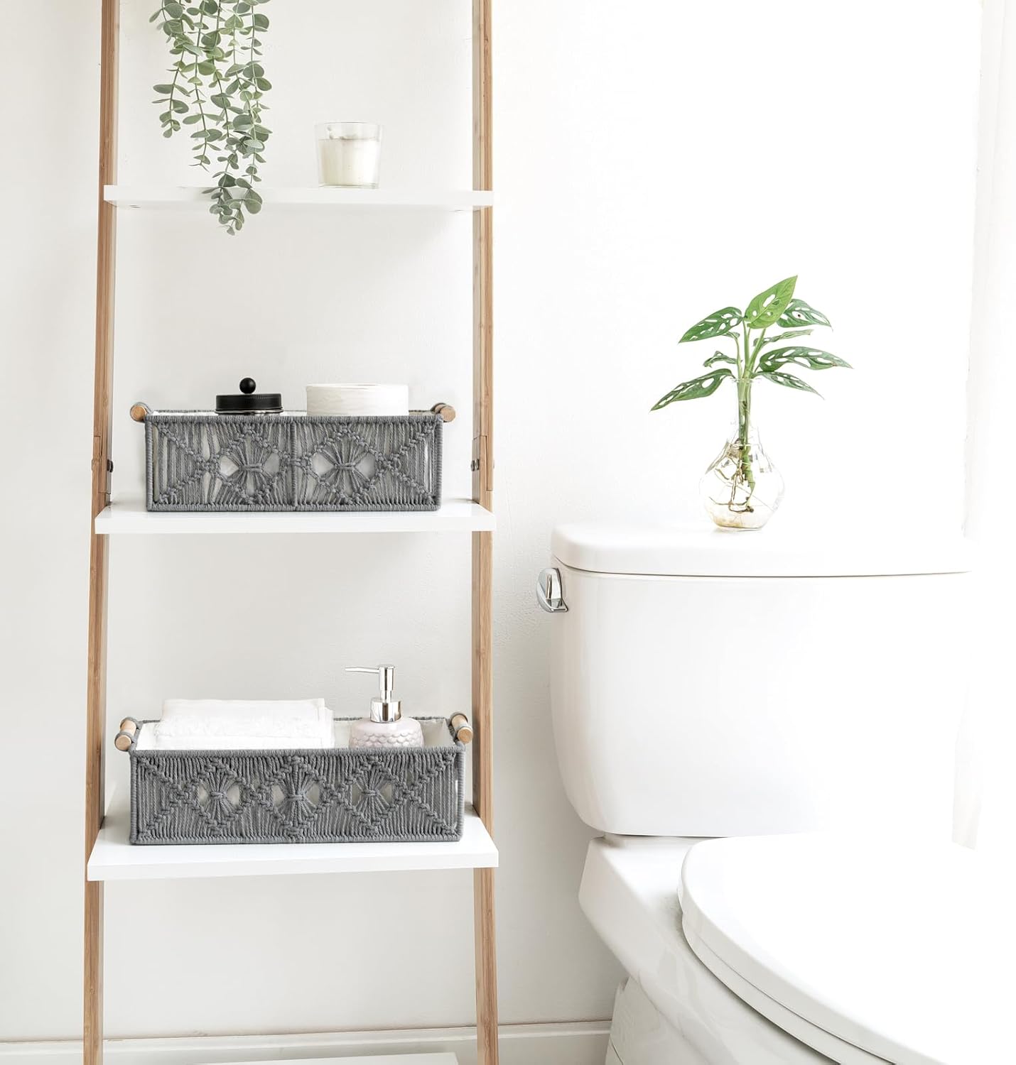 Mkono Macrame Storage Baskets Boho Decor Box Handmade Woven Decorative Countertop Toilet Tank Shelf Cabinet Organizer for Bedroom Livingroom Home, Set of 2, Ivory