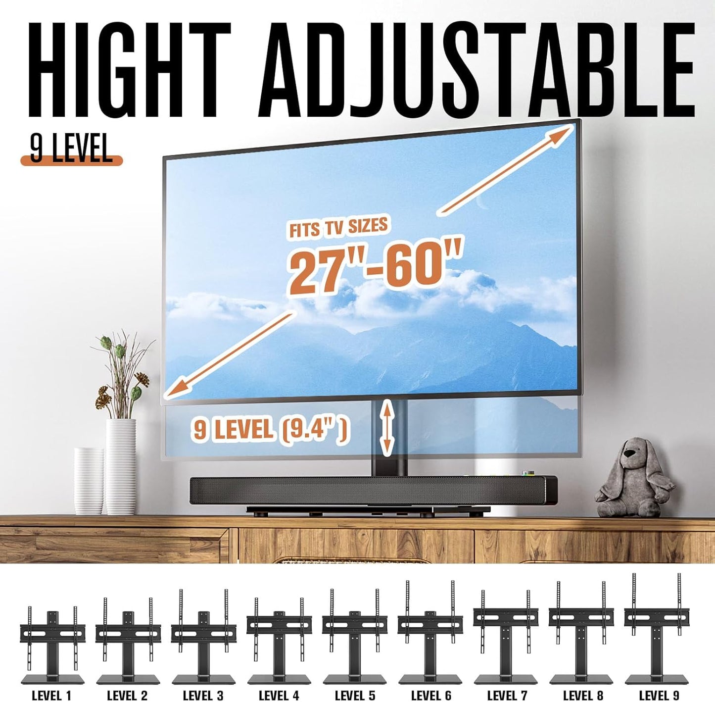 Universal TV Stand/Base Table Top TV Stand with Wall Mount for 27 to 55 inch 9 Level Height Adjustable, Heavy Duty Tempered Glass Base, Holds up to 88lbs Screens, HT06B-001
