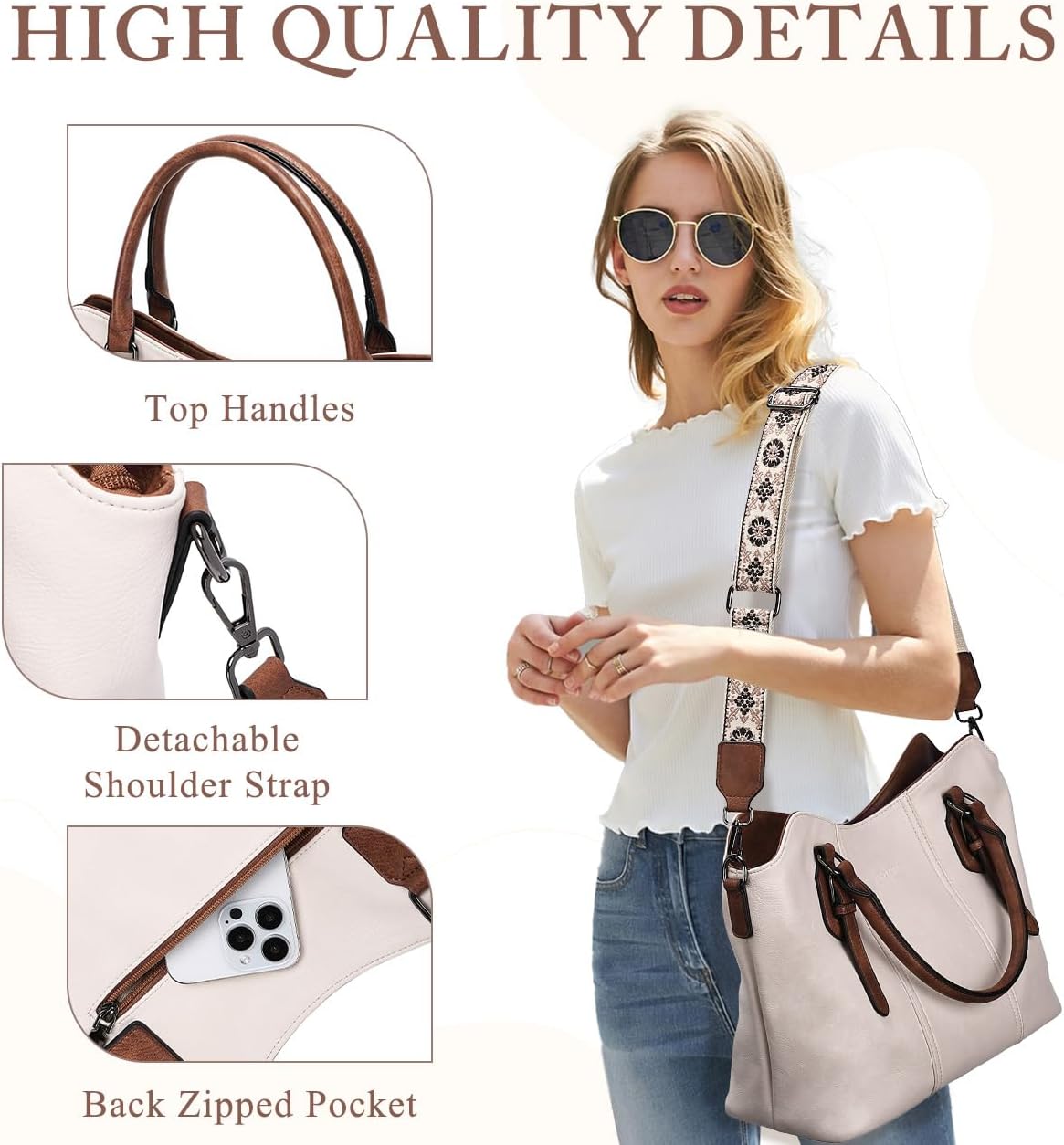Hobo Bags for Women,VASCHY Vegan Leather Handbag Purse Top Handle Satchel Boho Shoulder Bag with Crossbody Guitar Strap