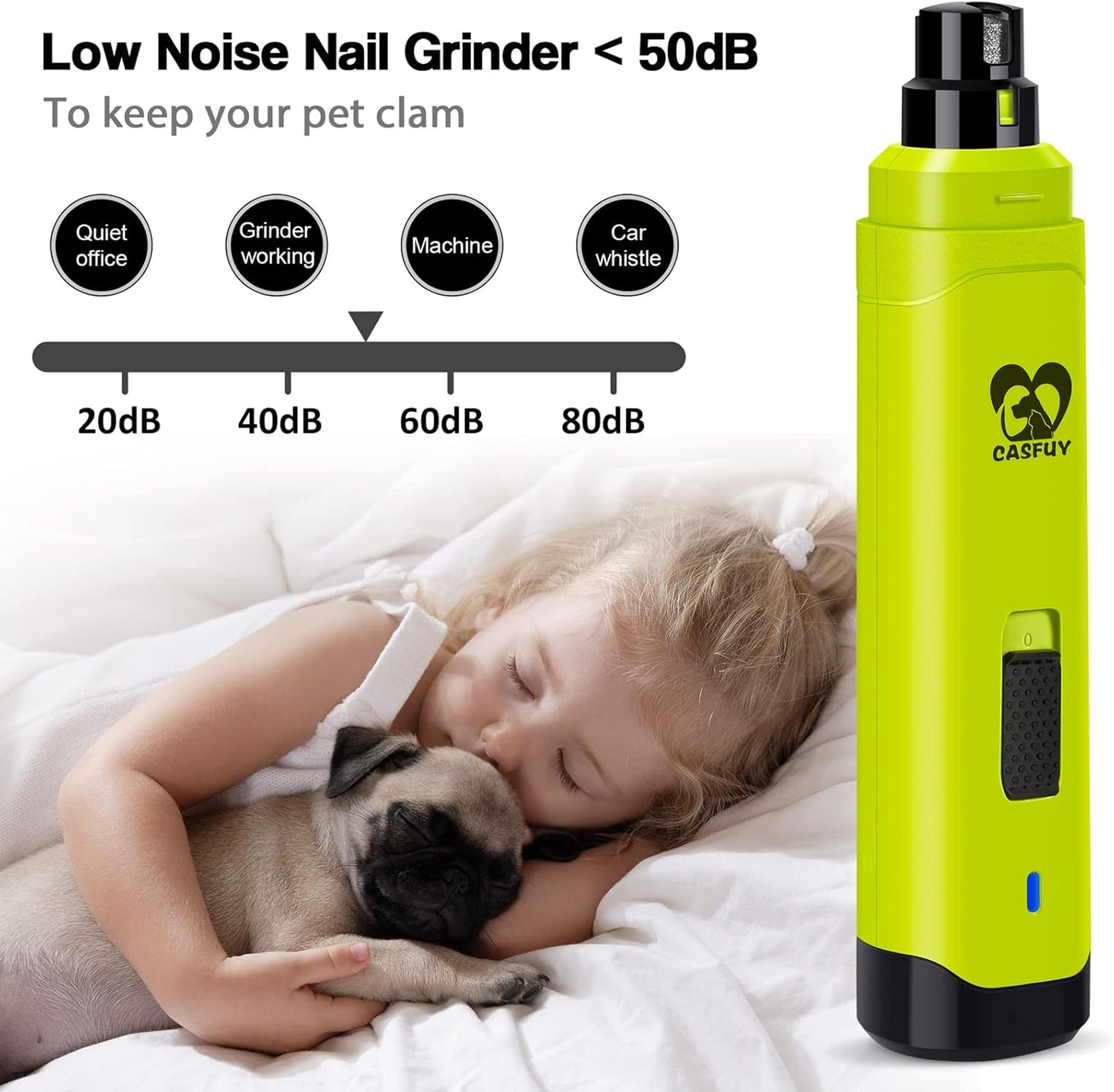 Casfuy Dog Nail Grinder Upgraded - Professional 2-Speed Electric Rechargeable Pet Nail Trimmer Painless Paws Grooming & Smoothing for Small Medium Large Dogs & Cats (White)
