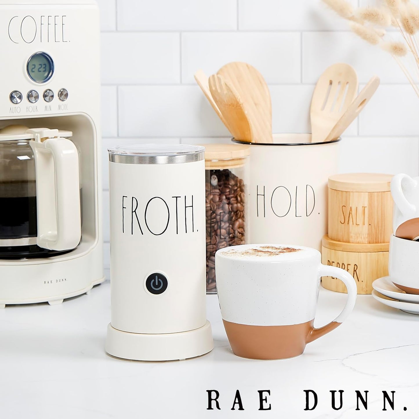 Rae Dunn - Electric Milk Frother - Elegant Automatic Milk Steamer and Frother, Milk Warmer, Hot and Cold Frothing Machine for Coffee, Latte, Cappuccino, Macchiato,