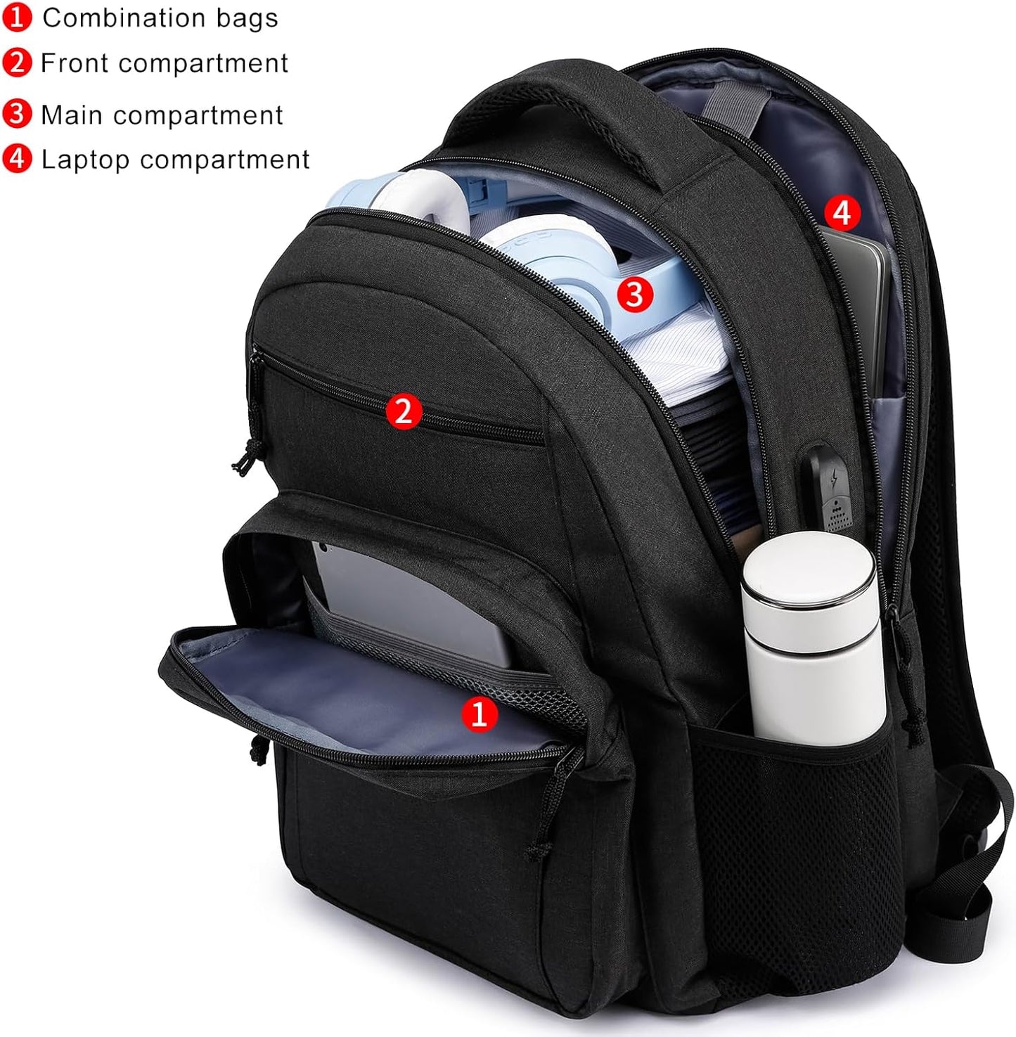 School backpack for Teen Boys, Backpack for Men,15.6 inch Laptop Backpack with USB Charging Port, Large Computer Bookbag with Compartments, Ergonomic Straps, Black