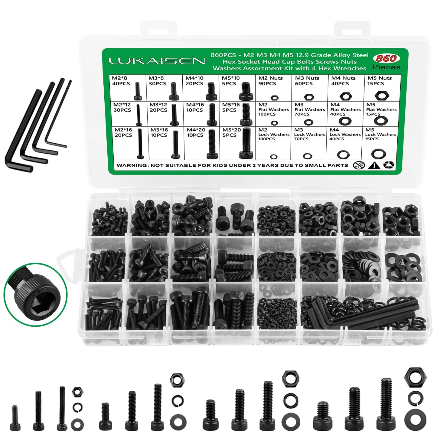 860PCS Metric Screw Assortment Kit, M2 M3 M4 M5 Machine Screws with Lock & Flat Washers, 10.9 Grade Alloy Steel, Metric Hex Button Head Cap Nuts and Bolts Assortment Kit with 4 Wrenches