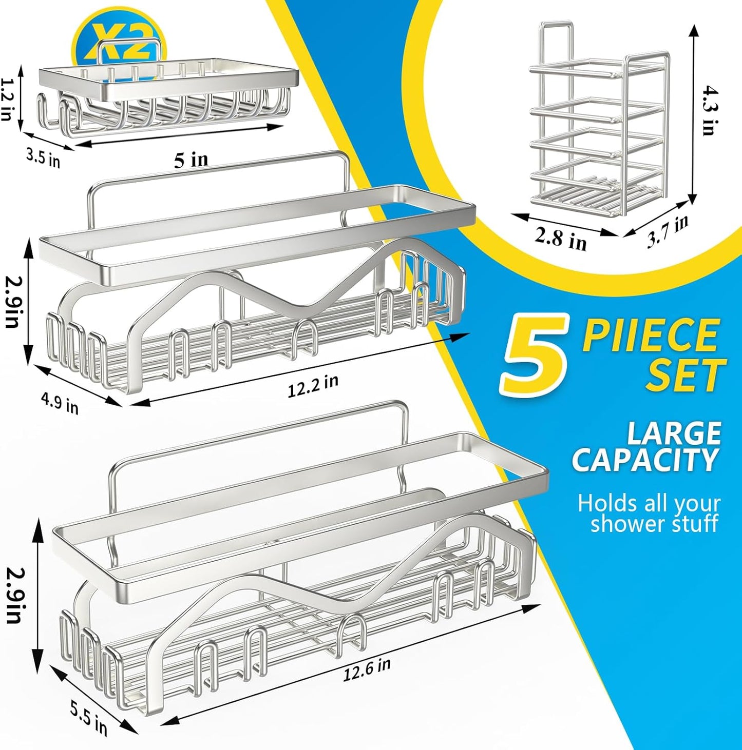 Coraje Adhesive Shower Caddy, 5-Pack Shower Shelves, Large Capacity Load Bearing 40 LBS Shower Organizer, No Drilling Shower Shelf, Rustproof Stainless Steel Bathroom Shower Storage, Black