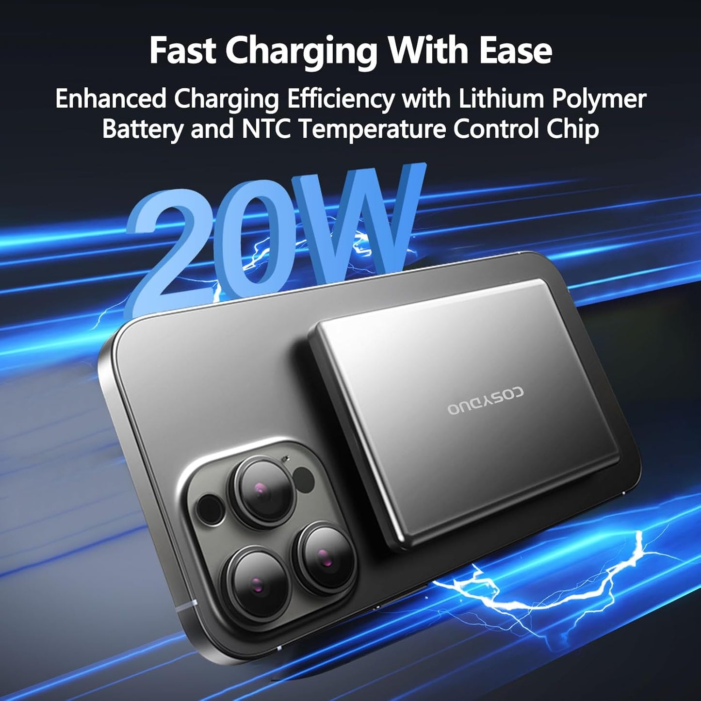 COSYDUO Slim Magnetic Battery Pack 5,000mAh Wireless Magnetic Power Bank Battery Pack, Ultra Slim 0.33IN Portable Charger for iPhone 16/15/14/13/12, Compact Power Bank with USB C 20W Fast Charging