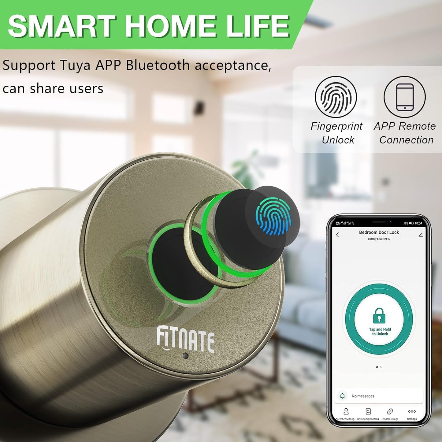 FITNATE Fingerprint Door Knob, Smart Biometric Door Lock with App Control, Keyless Entry Door Knob with Bluetooth Digital Code, Touch to Open Knob for Bedroom,Home,Hotel,Office, Black