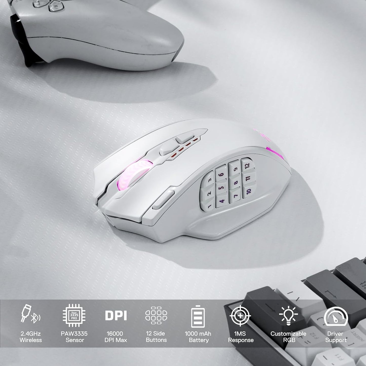 Redragon M913 Impact Elite Wireless Gaming Mouse, 16,000 DPI Wired/Wireless RGB Mouse with 16 Programmable Buttons, 45 Hr Battery and Pro Optical Sensor, 12 Side Buttons MMO Mouse