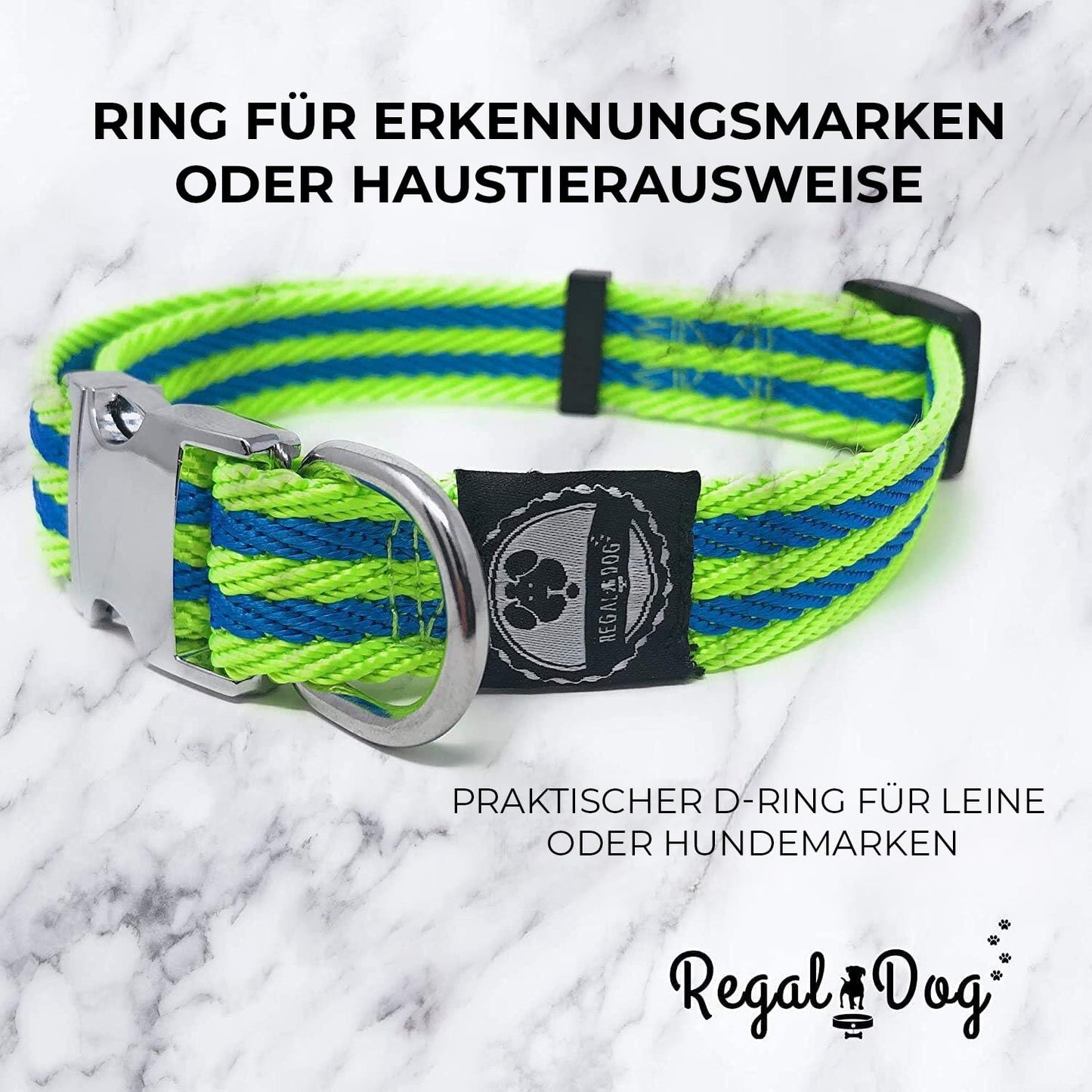 Regal Dog Products Pet Collar with Metal Buckle and D Ring | Durable Dog Collar with Reinforced Metal Clasp and Nylon Webbing Adjustable Dog Collar to fit for Large Dogs (Large, Blue/Gray Stripe)