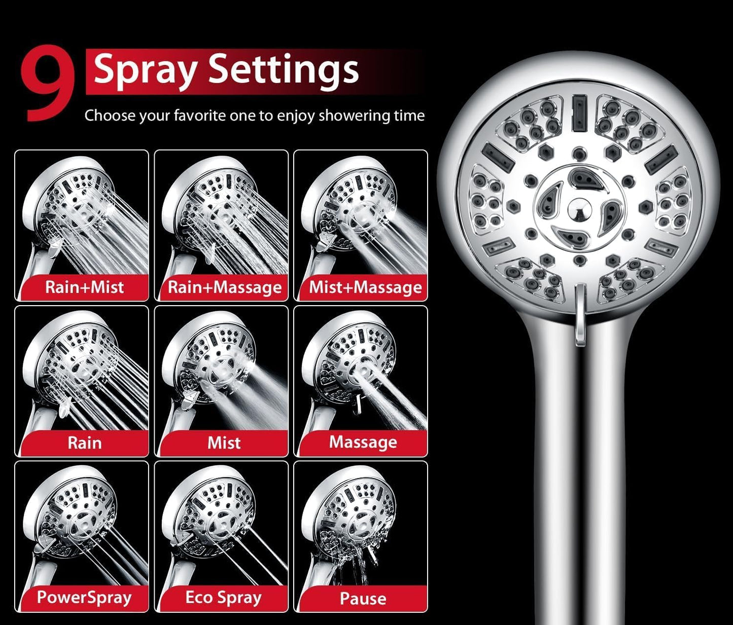 High Pressure Shower Head with Handheld: GRICH 2-in-1 Shower Heads with Hand Held Spray Combo, Anti-Leak 9 Spray Modes Handheld Shower Head & Rain Shower Head with Hose 60'', Angle Adjustable