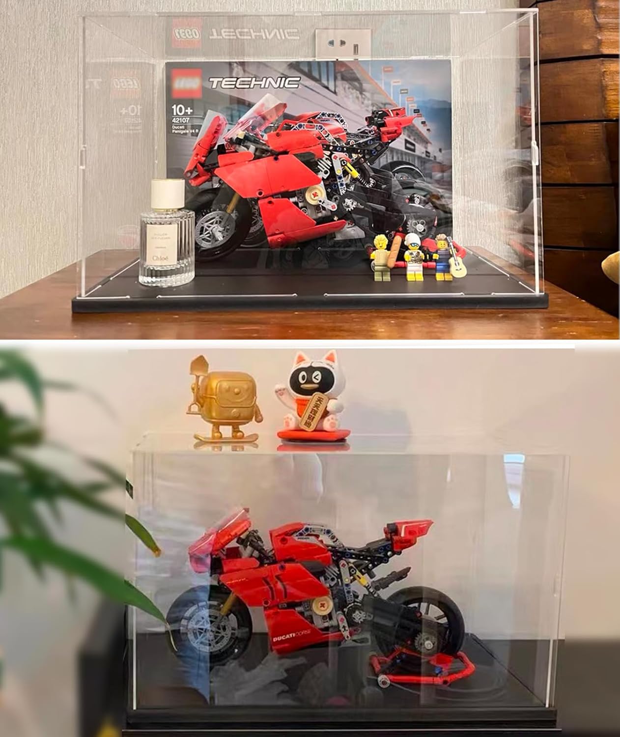 Thickened Clear Acrylic Display Case for Lego 10330 43268 76450 42170 10295 10353 Collectibles, Transparent Box Dustproof Protection with Wood-Plastic Base & String Light, Black Inside 40x20x20cm