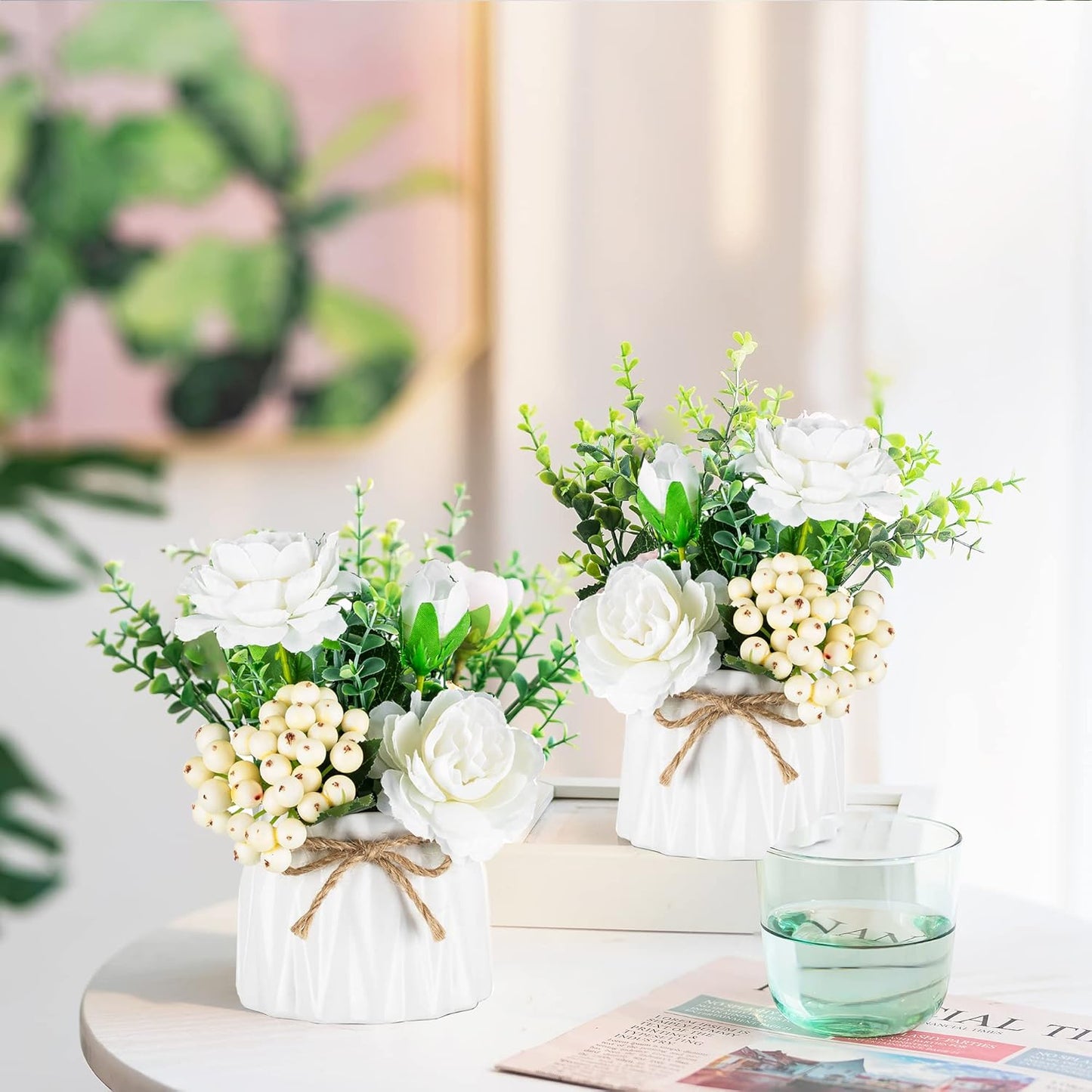 BLOSMON White Fake Flowers with Vase: Small Coffee Table Decor Bathroom Hydrangea Faux Flowers in Vase Office Desk Shelf Home Living Room Bedroom Vanity nightstand Decorations Floral Arrangement