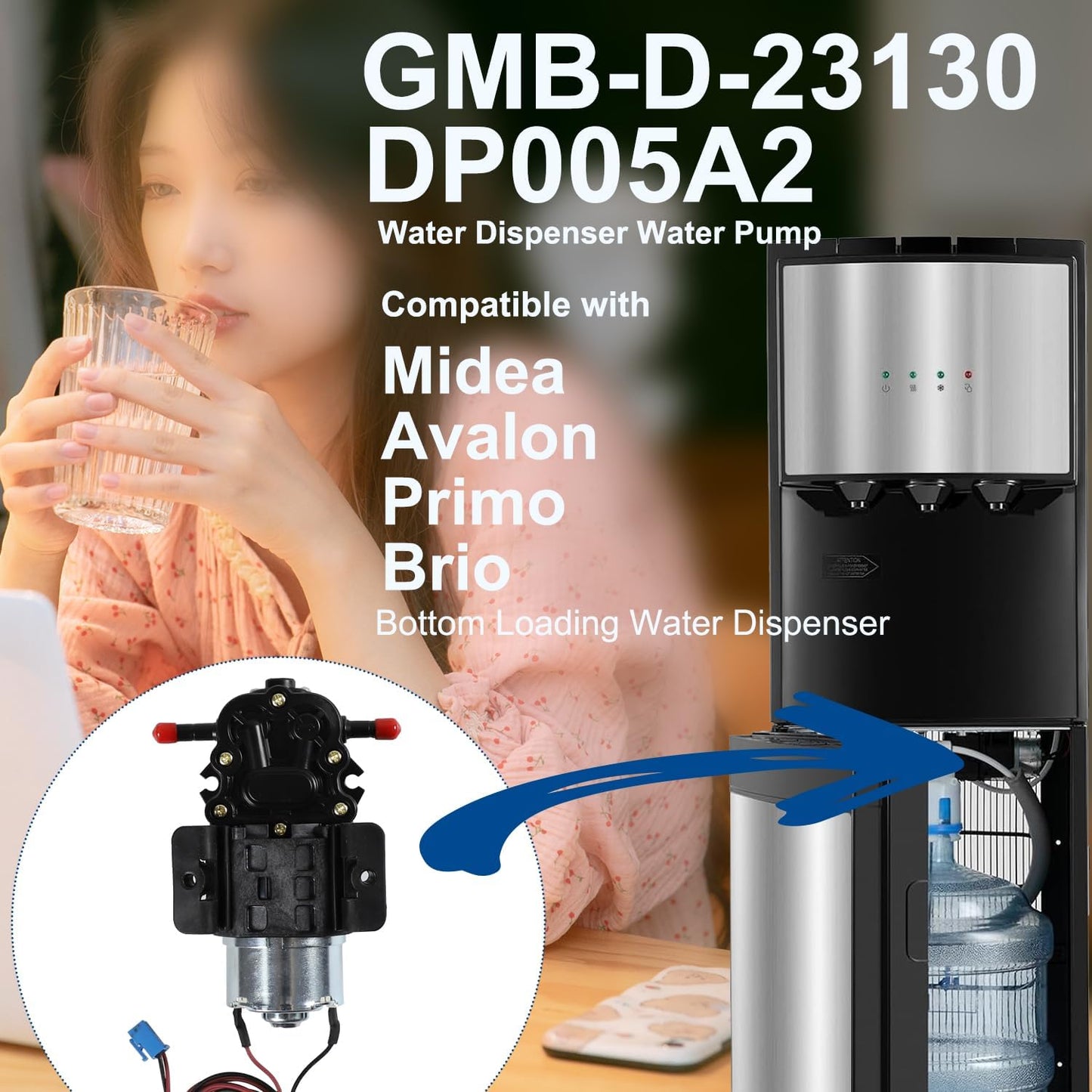 GMB-D-23130 Water Pump Compatible with Midea Avalon Primo Brio Water Dispenser 1.2L/min DC12V, Replaces DP005A2 MO-12265 Bottom Loading Bottled Water Cooler Dispenser