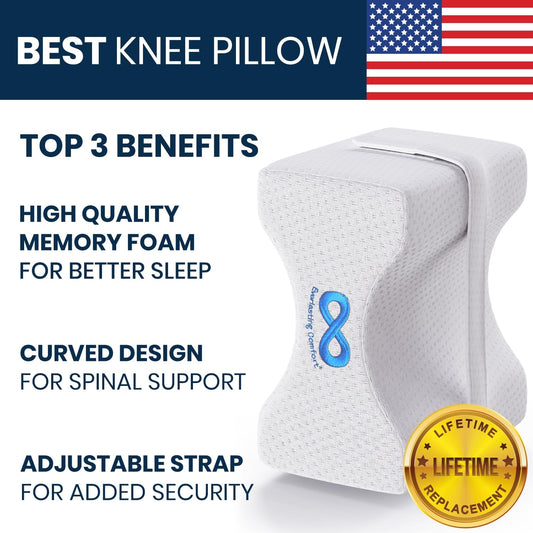 Memory Foam Knee Pillow for Side Sleepers with Adjustable Strap, Ergonomic Leg Support Pillow for Sleeping, Compact Knee Cushion with Washable Cover