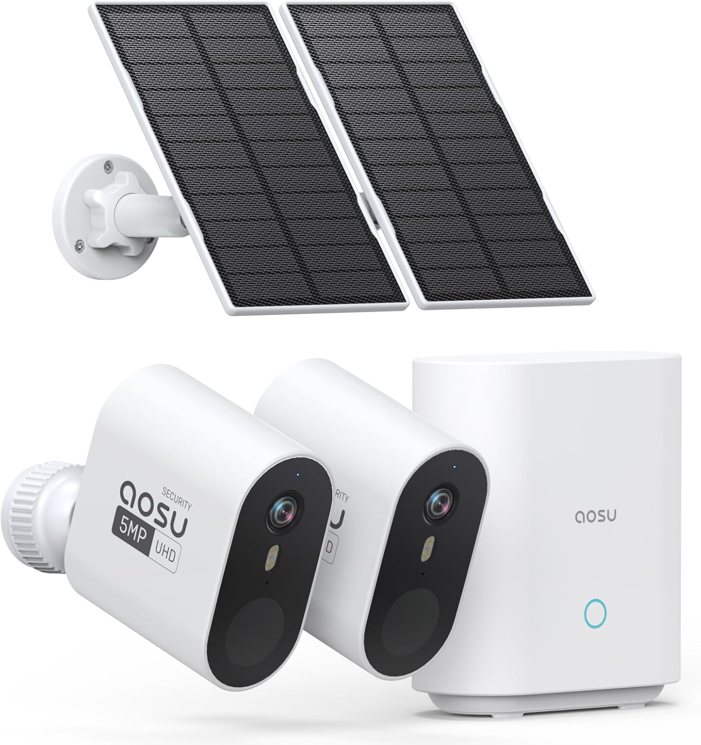 AOSU 5MP/3K Solar Security Cameras System 2-Kit, No Monthly Fee, 32GB Homebase Local Storage, 166° Ultra-Wide Angle Security Camera Wireless Outdoor, Forever-Solar Powered, Color Night Vision