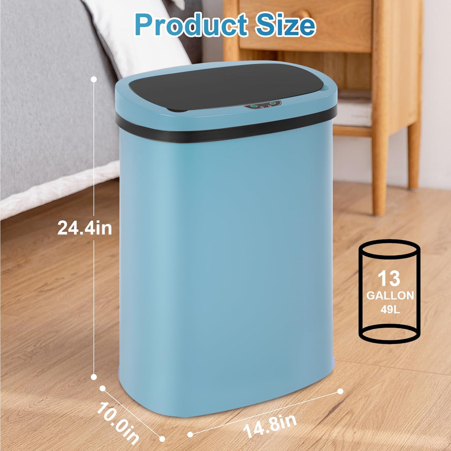 13 Gallon 50 Liter Garbage Can Kitchen Trash Can with Lid Automatic Sensor Touch Free Stainless Steel Waste Bin for Bathroom Bedroom Home Office,Black