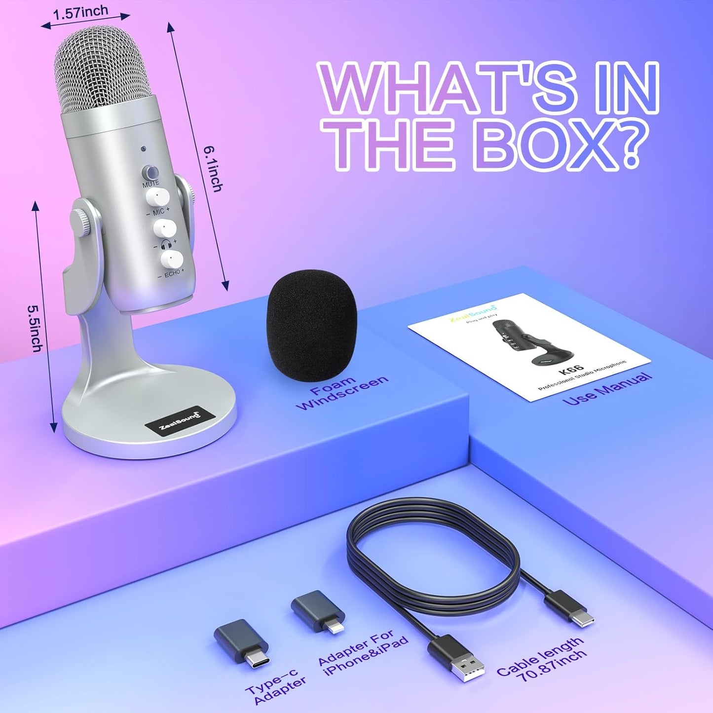 ZealSound USB Microphone,Condenser Phone Computer PC Mic kit,Plug&Play Gaming Microphones for PS 4&5.Mic Gain&Volume Control,Echo &Mute Button for Vocal,Record,Streaming,Discord YouTube Podcast on Mac