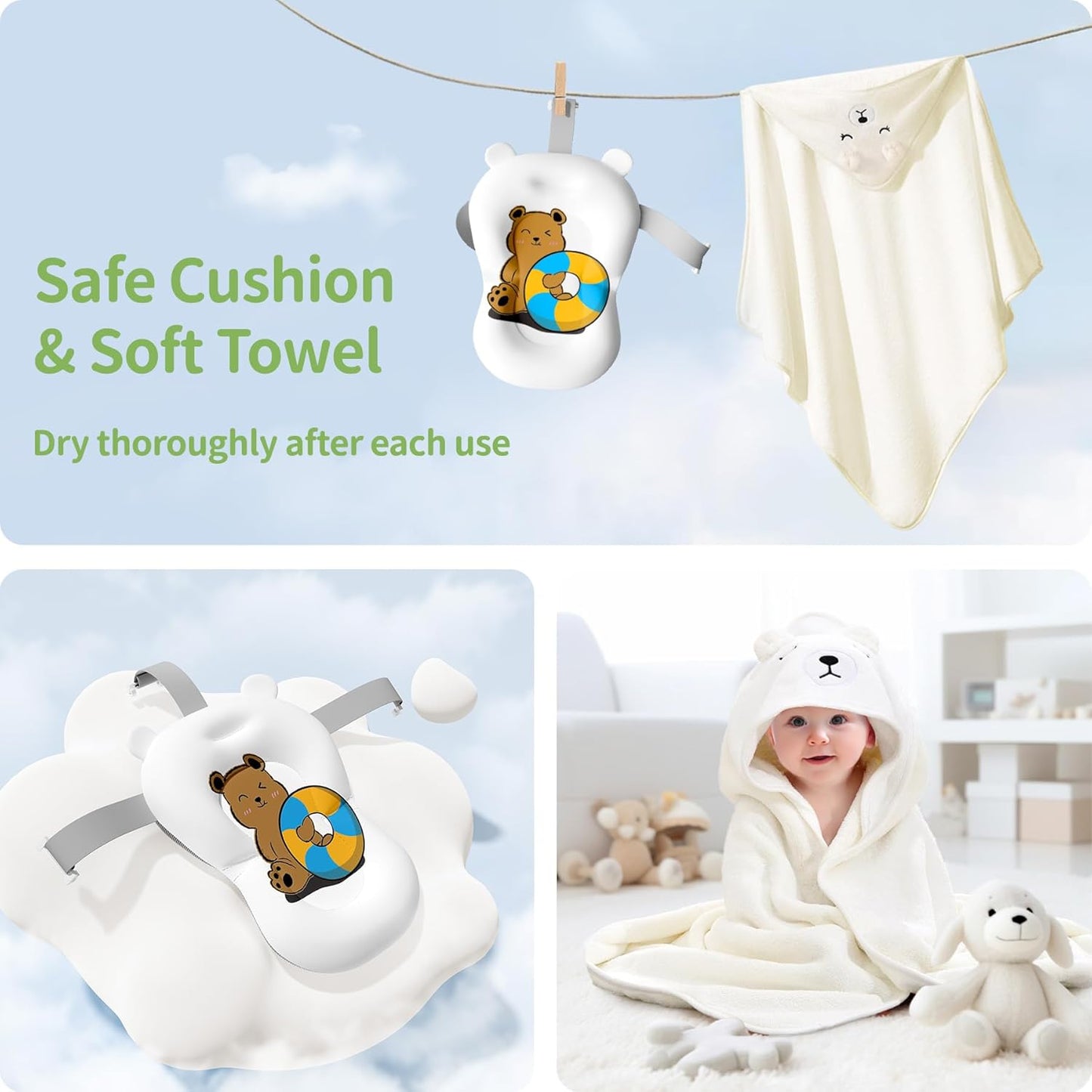 Kerbwry Baby Bathtub for Newborn to Toddler, Baby Bath Tub with Soft Towel and Floating Cushion, Baignoire Pour Bébé, Shower Essentials for Newborn (0-18 Months) Grey