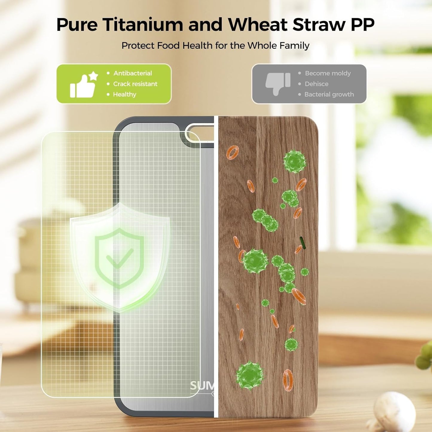 Titanium Cutting Board for Kitchen, Cutting Board Double Sided Food Grade, Pure Titanium and Wheat Straw PP, Easy to Clean Large Size 16”×10”