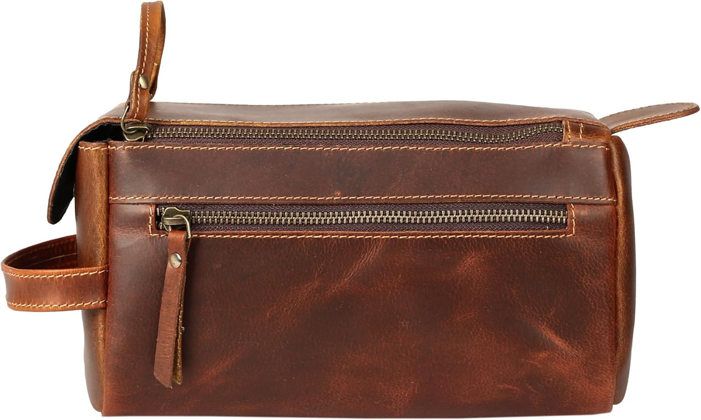 Premium Buffalo Leather Unisex Toiletry Bag Travel Dopp Kit Shaving kit (Distressed Tan)