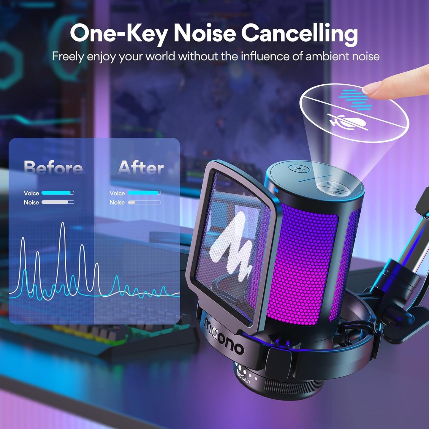 MAONO Gaming USB Microphone, Noise Cancellation Condenser mic with Mute, Gain, Monitoring, Boom Arm for Streaming, Podcast, Vocal, Twitch, YouTube, Discord, PC, Computer, PS4, PS5, Mac, DGM20S