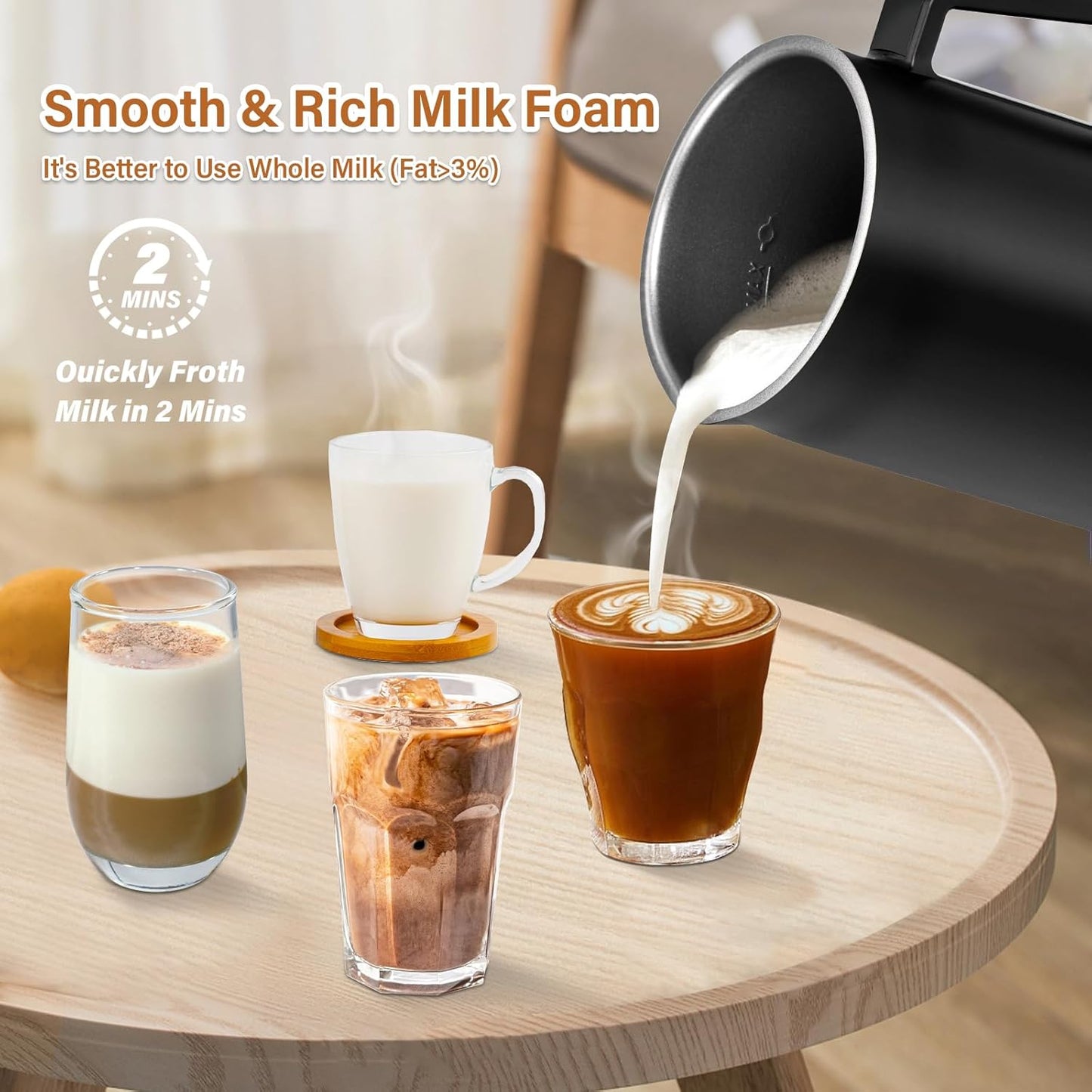 BEAUGIREW 4 in 1 Milk Frother Electric Milk Frother and Steamer with Hot and Cold 350 ml/11.8 oz Coffee Frother Automatic Foam Maker with Cleaning Brush for Latte Cappuccino Macchiato Hot Chocolate