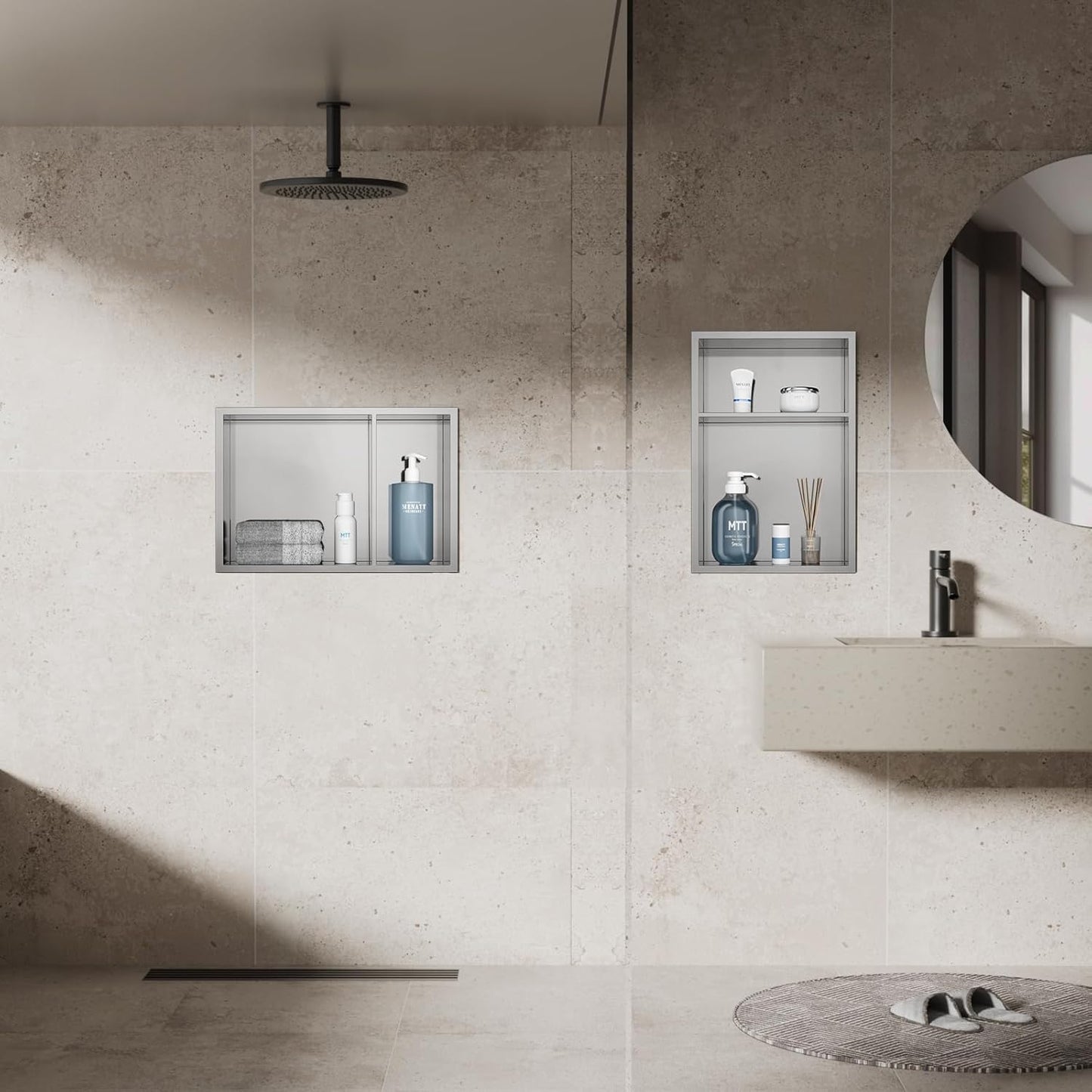 MENATT No Tile Shower Niche, Stainless Steel Wall Niche 13"X19"(Inner Size 12"X18"), Two-Tier Bathroom Shelf, NO Tile Needed Recessed Niche Shower for Bathroom Storage, Black