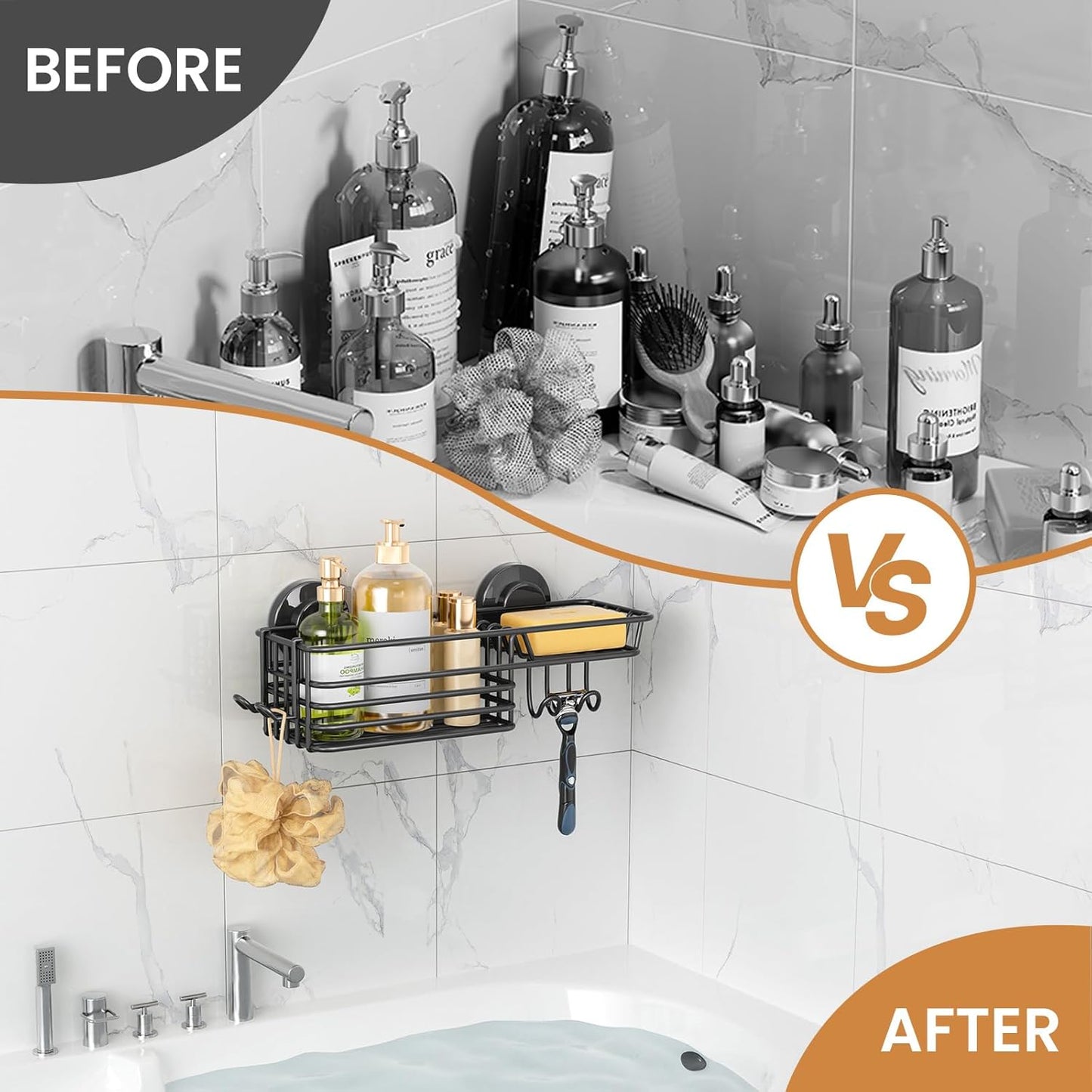 LEVERLOC Shower Caddy Suction Cup, 2 Pack Black Shower Shelf with Hooks and Soap Holder, NO-Drilling Bathroom Organizer, Rustproof Metal Bathroom Storage and Organization