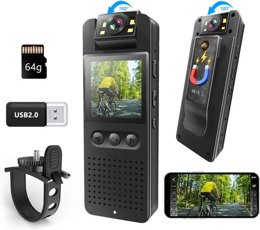 Mini Body Camera, Bextgoo Body Cam with 64GB TF Card, Color Night Vision,16MP Photoshoot, 180° Rotating Lens, Magnetic Clip & Bike Bracket, Small Action Video Camcorder for Helmet, Outdoor Sport - PuriLite