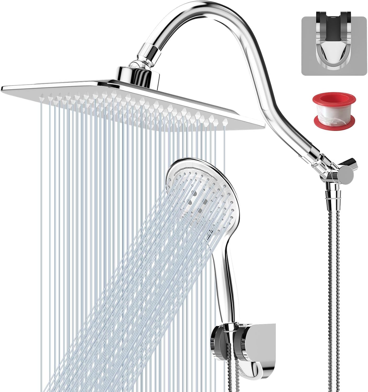 COSYLAND Rain Shower Head with Handheld - 304 Stainless Steel High Pressure 8 inch Square Rainfall Showerhead Combo with 5 Spray Mode 11 inch Extension Adjustable Arm & 60 inch Hose - Chrome