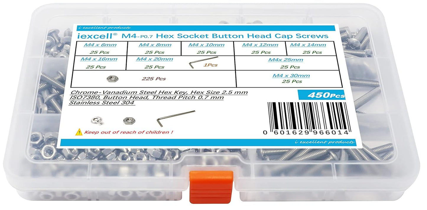 iexcell 50 Pcs M6 x 20mm Thread Pitch 1 mm Stainless Steel 304 Hex Socket Button Head Cap Screws Bolts Kit