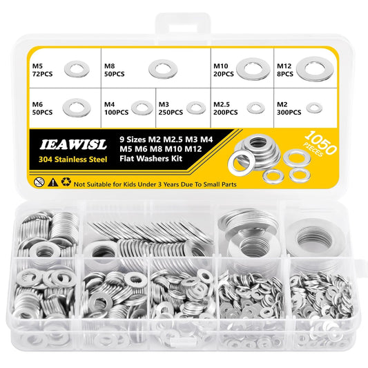 1050Pcs Flat Washers Set, 304 Stainless Steel Flat Washers for Screws, Assorted Sizes (M2 M2.5 M3 M4 M5 M6 M8 M10 M12) for Industrial Use