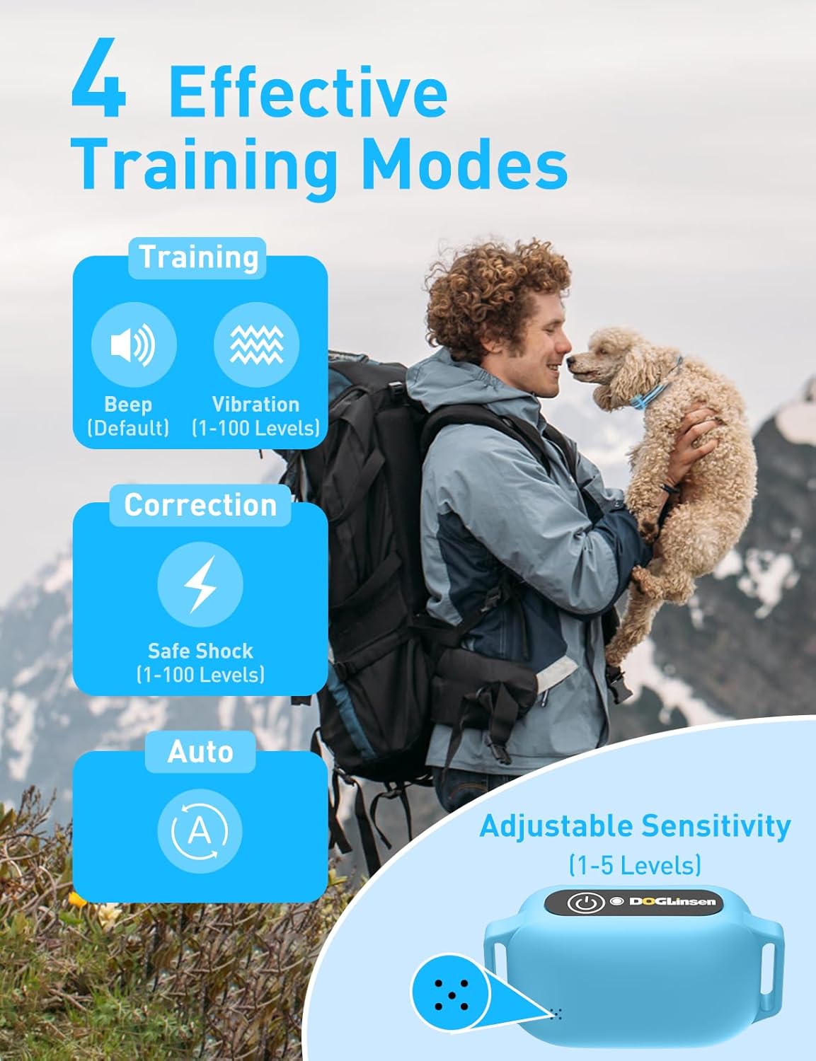 DOGLinsen 2-in-1 Bark and Shock Collar for Dogs, Smart Anti Barking Dog Training Collar with 5 Adjustable Sensitivity, Automatic Bark Collar with Remote, Vibration, Beep, Shock and Automatic