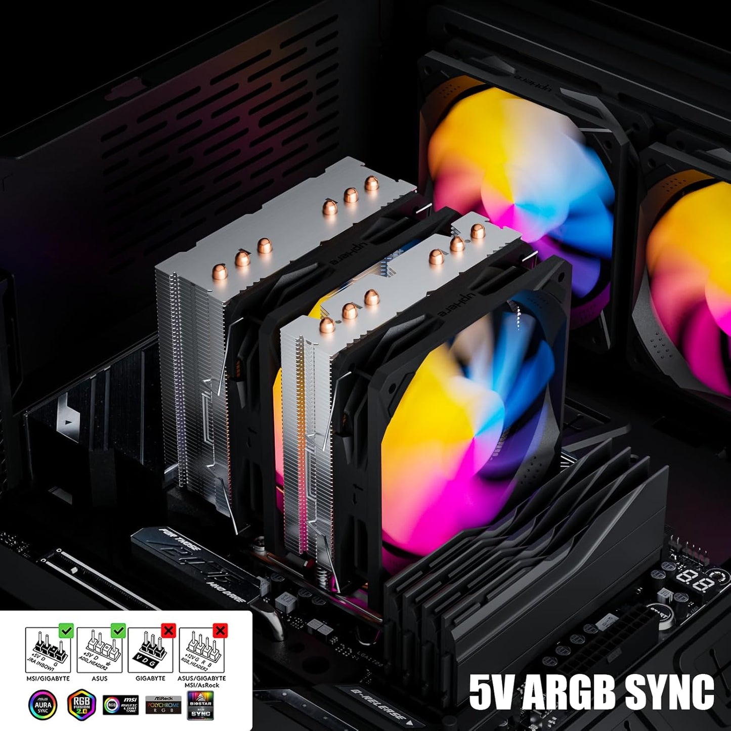 upHere D6SEC CPU Cooler, Intel LGA2011,LGA2066, LGA1700,AMD AM5/AM4/Ryzen 120mm,Dual Towers,5V ARGB