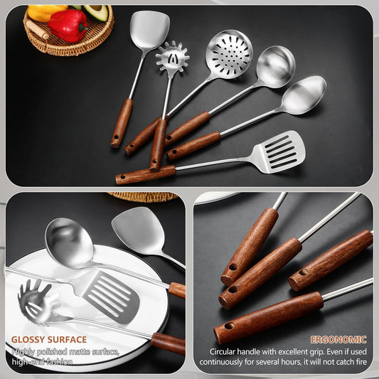 304 Stainless Steel Kitchen Utensils Set, 6 Pcs Long Cooking Utensils Set with Wooden Handle, Large Heat Resistant Kitchen Tools(Dishwasher Safe) - PuriLite