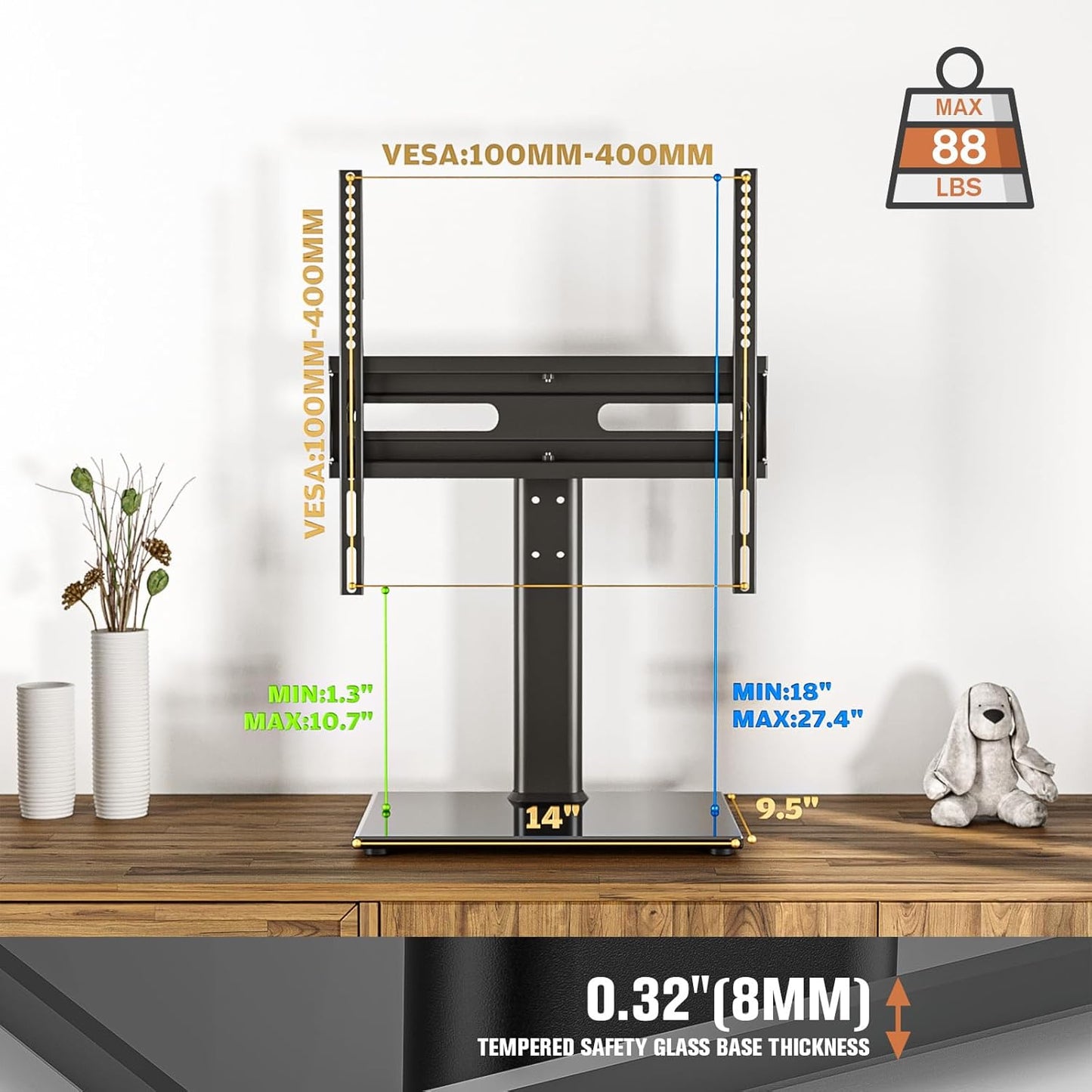 Universal TV Stand/Base Table Top TV Stand with Wall Mount for 27 to 55 inch 9 Level Height Adjustable, Heavy Duty Tempered Glass Base, Holds up to 88lbs Screens, HT06B-001