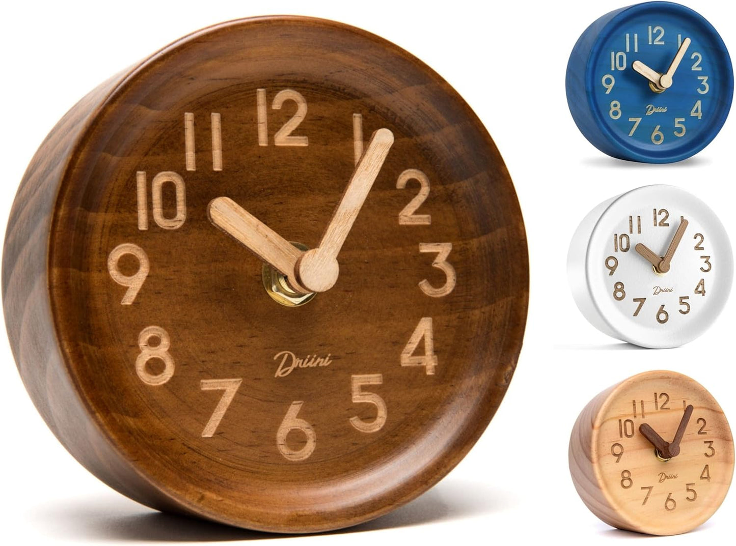 Driini Wooden Analog Desktop Clock – 4.3 in. Decorative Pinewood Clock, No-Tick Design – Easy to Read Silent Sweep Mantle Clock – Quiet Tabletop Clocks with Wood Body, Hands, & Battery Cover; White