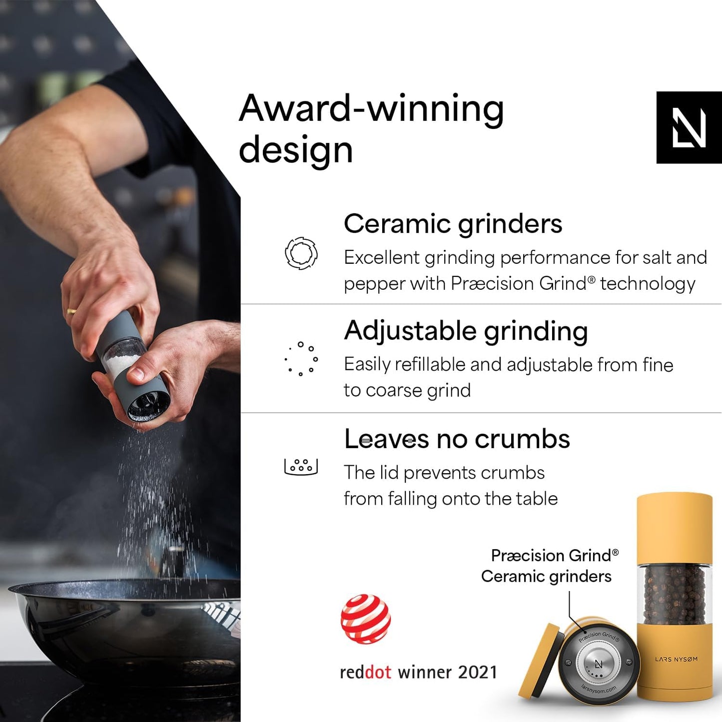 LARS NYSØM Salt and Pepper Grinder Set I Salt and Pepper Mills with Adjustable Ceramic Grinder 2 Pieces I Manual Design Spice Mill Set (Carbon Black)