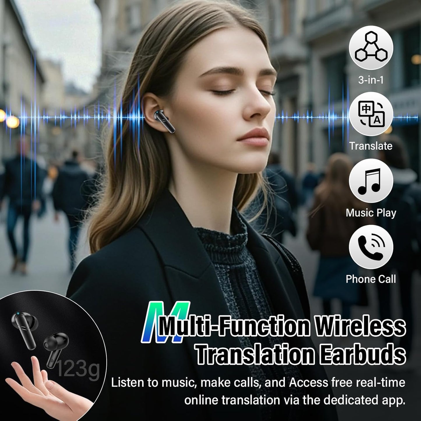 AI Translation Earbuds Real Time, 3-in-1 Language Translator Earbuds for 144 Languages & Accents Online Translation, 48H translate Earbuds with Bluetooth & APP for Travel/Business/Learning, Black