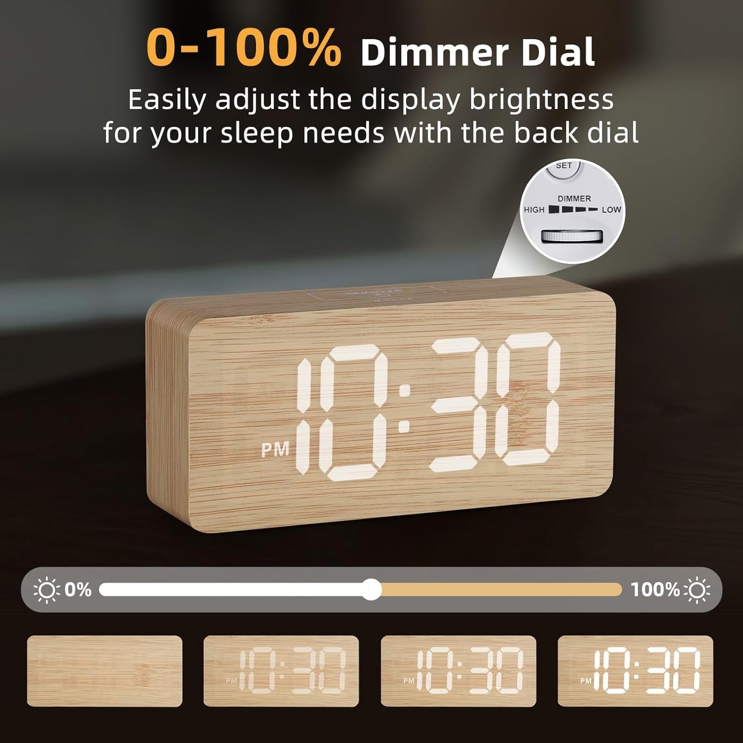 Purilite Select Wooden Digital Alarm Clock with Large LED Display